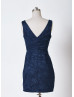 Navy Blue Pleated Lace Deep V Neckline Short Prom Dress